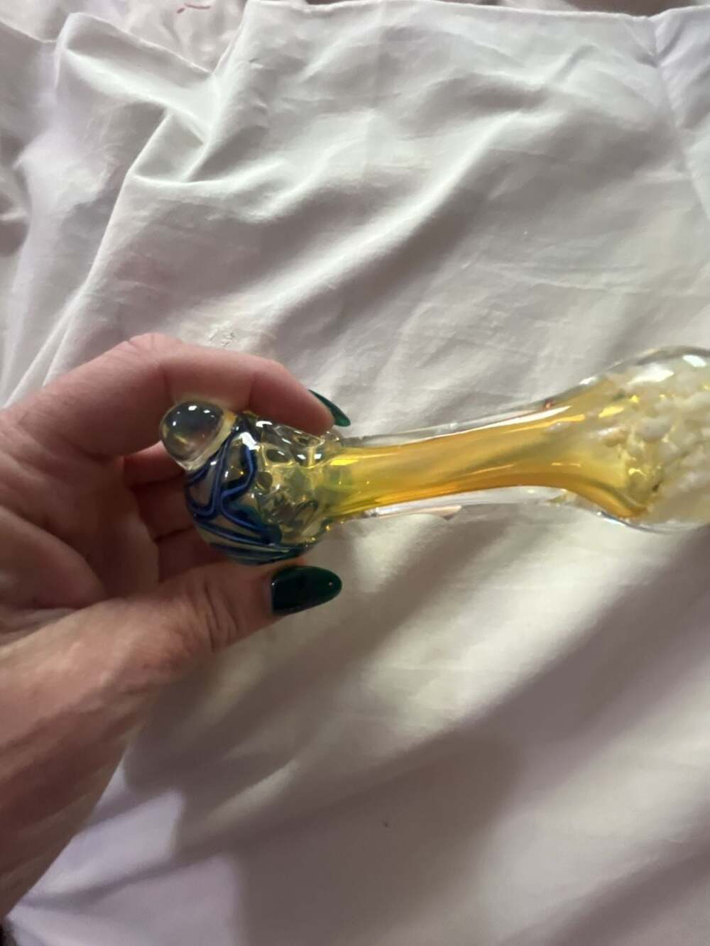 Fumed Glass Spoon Piece with Blue Swirl Accents and White Confetti Detail - Picture 4 of 9